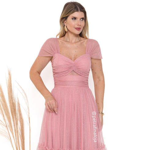 VESTIDO DECOTE TRIANGULO TULE BRILHANTE