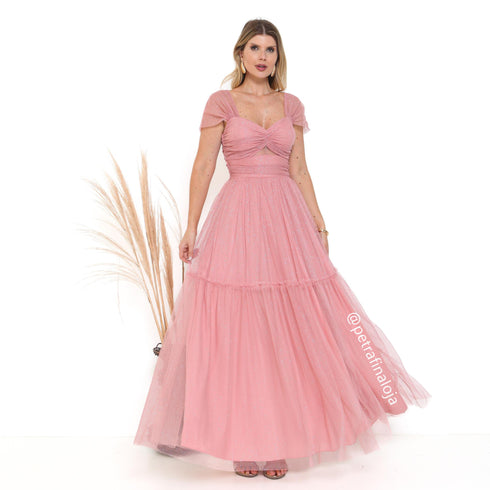 VESTIDO DECOTE TRIANGULO TULE BRILHANTE
