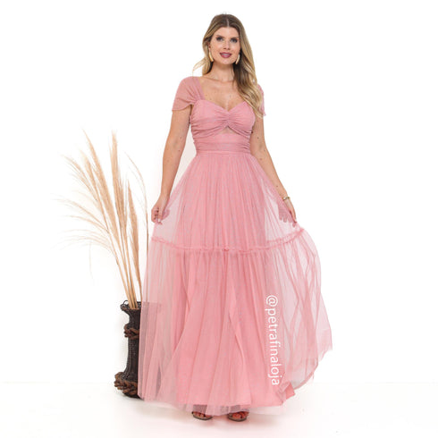 VESTIDO DECOTE TRIANGULO TULE BRILHANTE