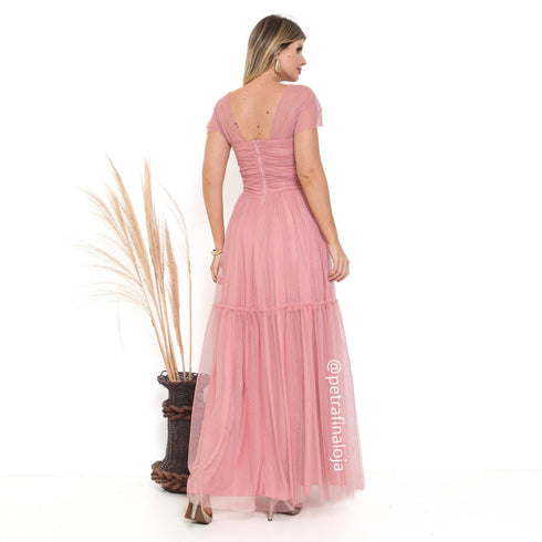 VESTIDO DECOTE TRIANGULO TULE BRILHANTE