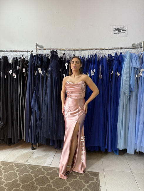 VESTIDO TOMARA QUE CAIA DRAPEADO LATERAL VESTIDO DE FESTA PETRA FINA