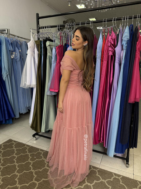 VESTIDO DECOTE TRIANGULO TULE BRILHANTE VESTIDO DE FESTA PETRA FINA