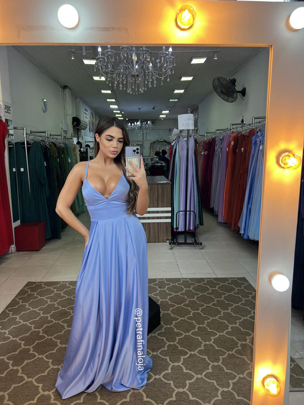 VESTIDO ALCINHA COM DECOTE FENDA LISO VESTIDO DE FESTA PETRA FINA AZUL SERENITY P