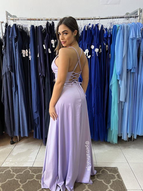 VESTIDO ALCINHA COM DECOTE FENDA LISO VESTIDO DE FESTA PETRA FINA