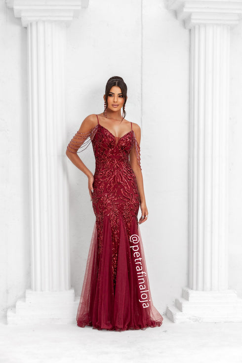VESTIDO ALÇAS DE PEDRARIAS CALDA SEREIA VESTIDO DE FESTA PETRA FINA MARSALA P