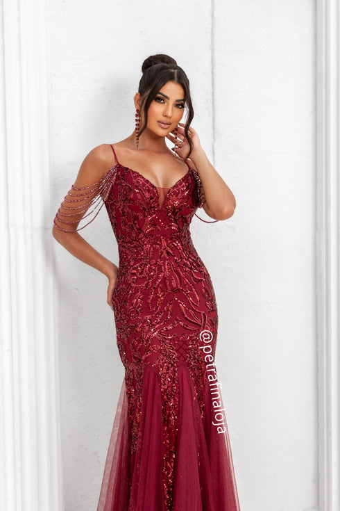 VESTIDO ALÇAS DE PEDRARIAS CALDA SEREIA VESTIDO DE FESTA PETRA FINA