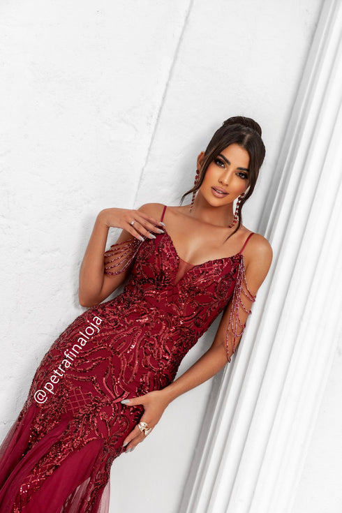 VESTIDO ALÇAS DE PEDRARIAS CALDA SEREIA VESTIDO DE FESTA PETRA FINA