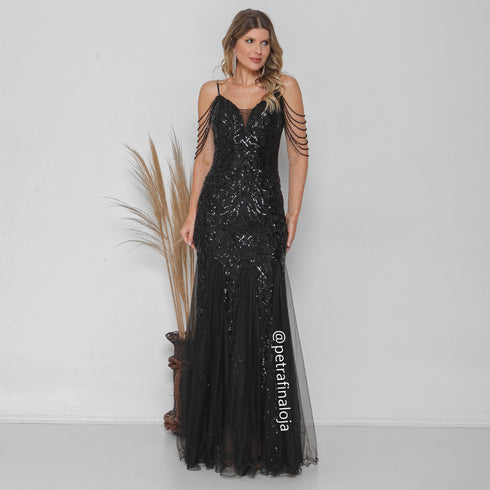VESTIDO ALÇAS DE PEDRARIAS CALDA SEREIA VESTIDO DE FESTA PETRA FINA PRETO P