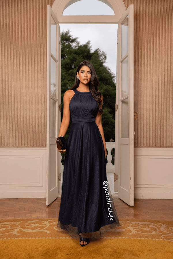 VESTIDO DE GOLA TULE TRABALHADO