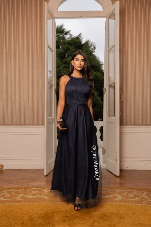 VESTIDO DE GOLA TULE TRABALHADO