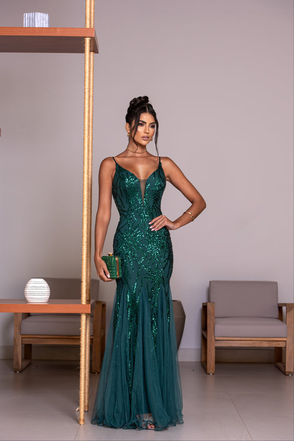 VESTIDO ALCINHA SEREIA COSTAS TRABALHADA VESTIDO IMPORTADO PETRA FINA VERDE ESMERALDA P