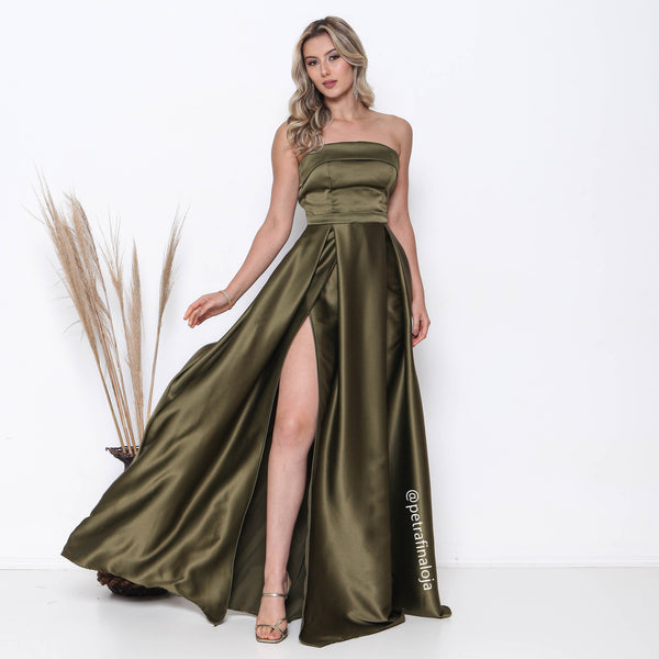 VESTIDO TOMARA Q CAIA ACETINADO VESTIDO DE FESTA PETRA FINA VERDE OLIVA P