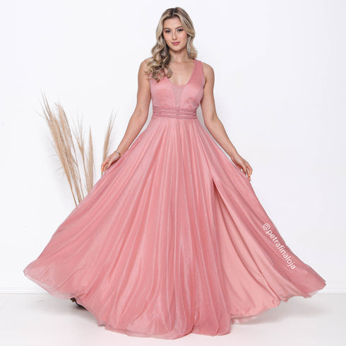 VESTIDO TRES LISTRAS PLISSADO VESTIDO DE FESTA PETRA FINA ROSE M