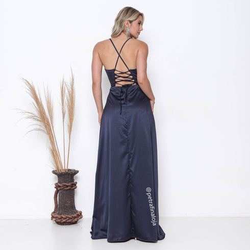 VESTIDO ALCINHA COM DECOTE FENDA LISO VESTIDO DE FESTA PETRA FINA