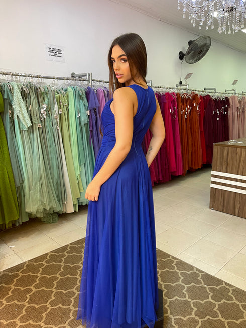 VESTIDO DE GOLA TULE TRABALHADO