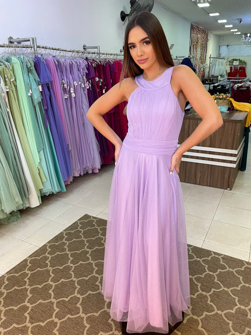 VESTIDO DE GOLA TULE TRABALHADO