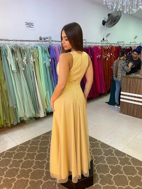 VESTIDO DE GOLA TULE TRABALHADO