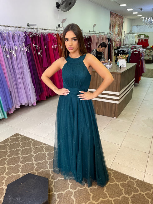 VESTIDO DE GOLA TULE TRABALHADO