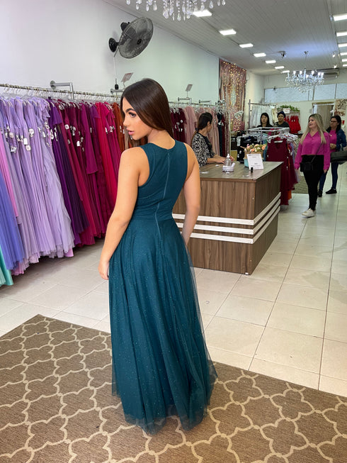 VESTIDO DE GOLA TULE TRABALHADO