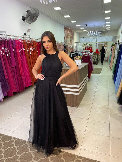 VESTIDO DE GOLA TULE TRABALHADO