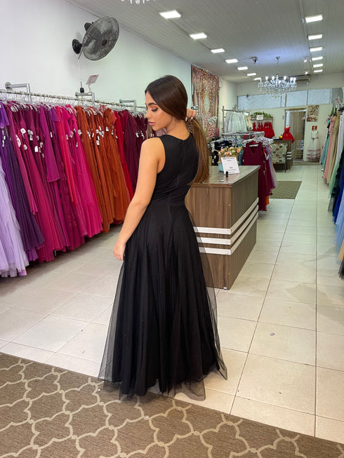 VESTIDO DE GOLA TULE TRABALHADO