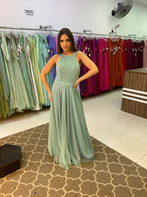 VESTIDO DE GOLA TULE TRABALHADO