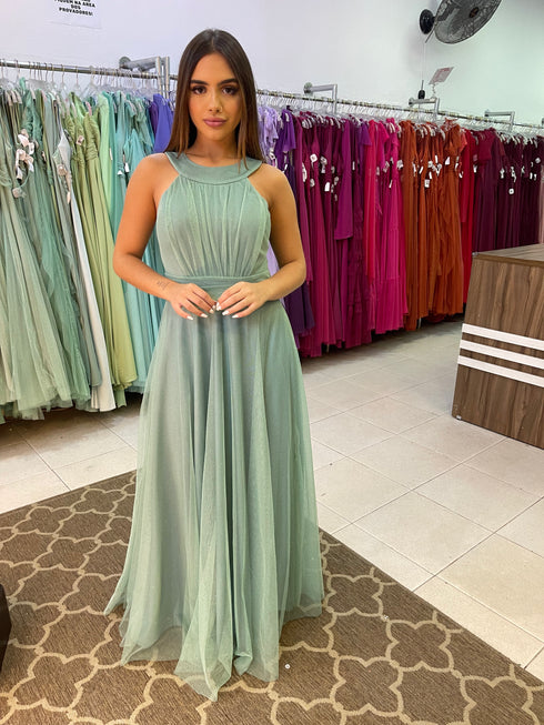 VESTIDO DE GOLA TULE TRABALHADO