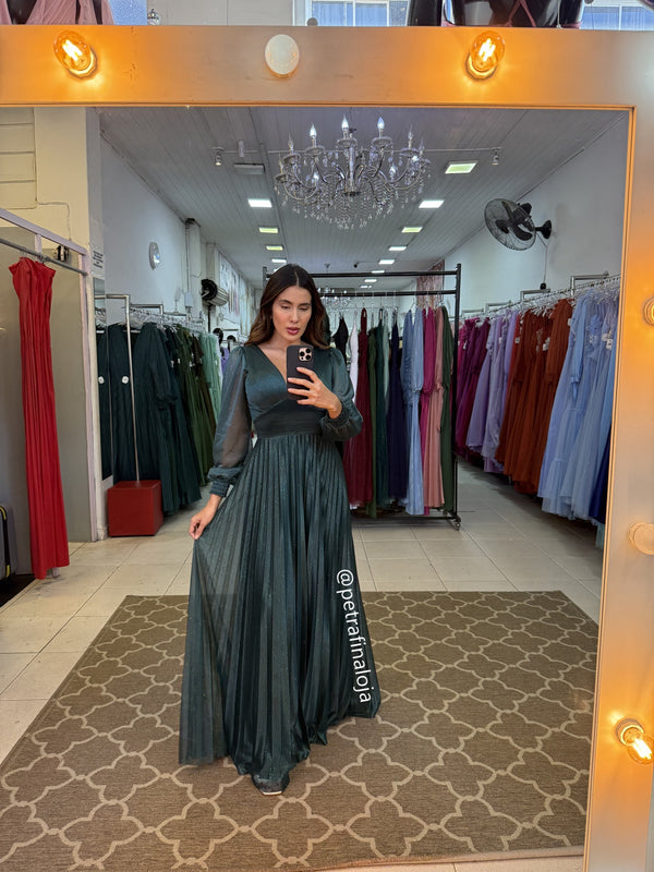 vestido manga longa plissado VESTIDO DE FESTA PETRA FINA