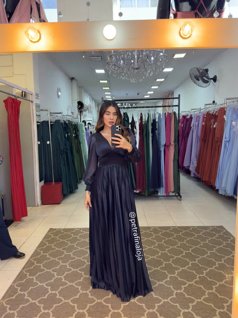 vestido manga longa plissado VESTIDO DE FESTA PETRA FINA