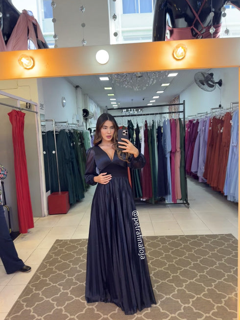 vestido manga longa plissado VESTIDO DE FESTA PETRA FINA AZUL MARINHO M