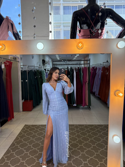 VESTIDO MANGA LONGA DRAPEADO TULE TRABALHADO PETRA FINA