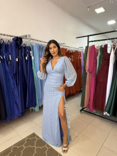 VESTIDO MANGA LONGA DRAPEADO TULE TRABALHADO PETRA FINA