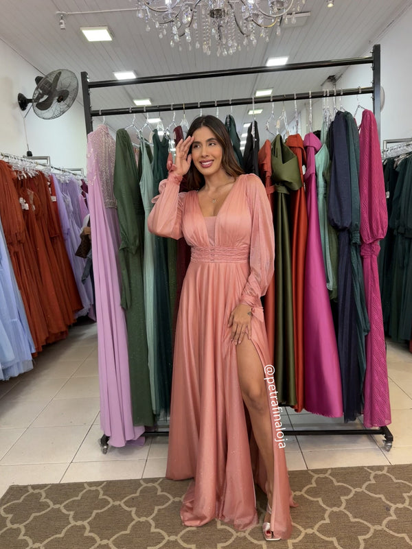 VESTIDO MANGA LONGA TRES LISTRAS PETRA FINA ROSE P