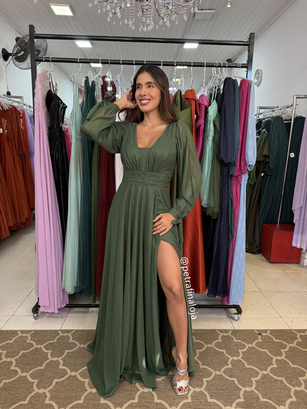 VESTIDO MANGA LONGA TRES LISTRAS PETRA FINA VERDE OLIVA P