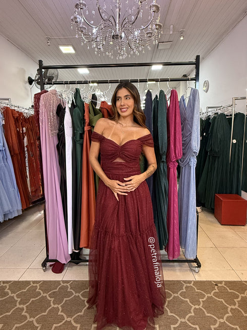 VESTIDO DECOTE TRIANGULO TULE BRILHANTE