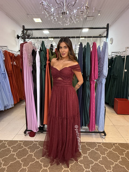 VESTIDO DECOTE TRIANGULO TULE BRILHANTE