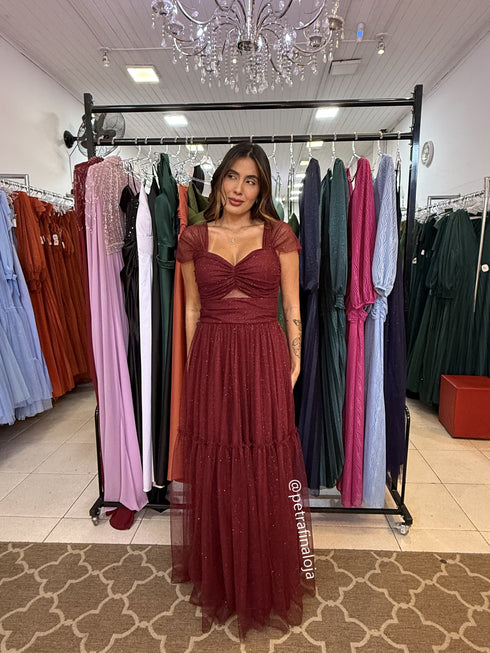 VESTIDO DECOTE TRIANGULO TULE BRILHANTE