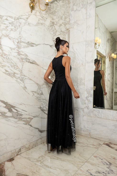 VESTIDO DE GOLA TULE TRABALHADO