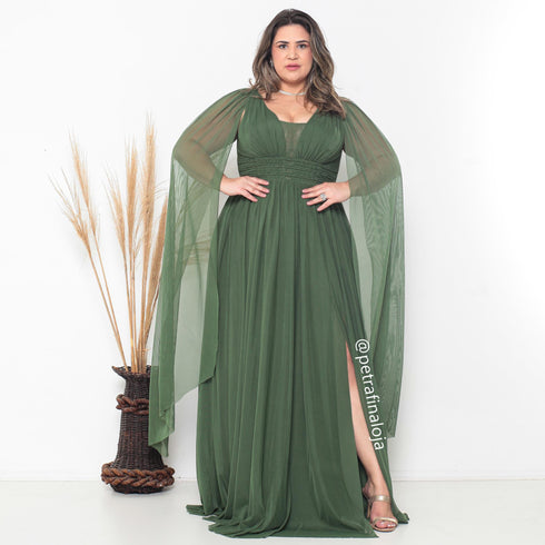 Vestido três listras pequenas com capa VESTIDO DE FESTA PETRA FINA VERDE OLIVA M