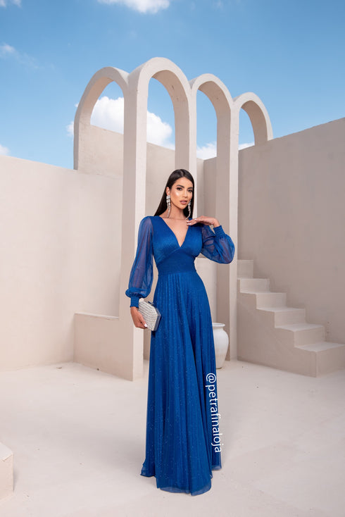vestido manga longa plissado VESTIDO DE FESTA PETRA FINA AZUL ROYAL M