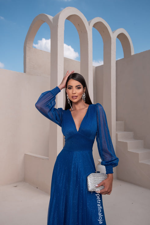 vestido manga longa plissado VESTIDO DE FESTA PETRA FINA