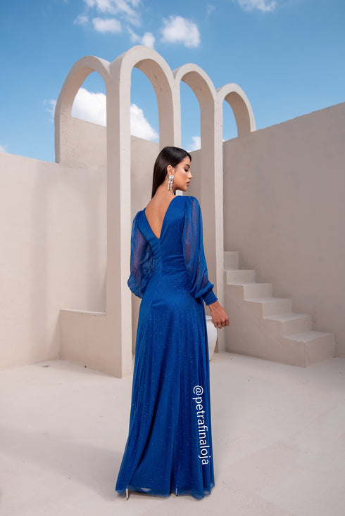 vestido manga longa plissado VESTIDO DE FESTA PETRA FINA