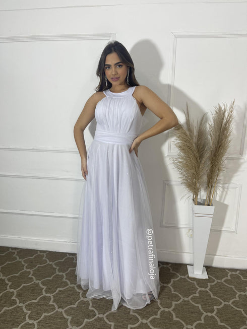 VESTIDO DE GOLA TULE TRABALHADO