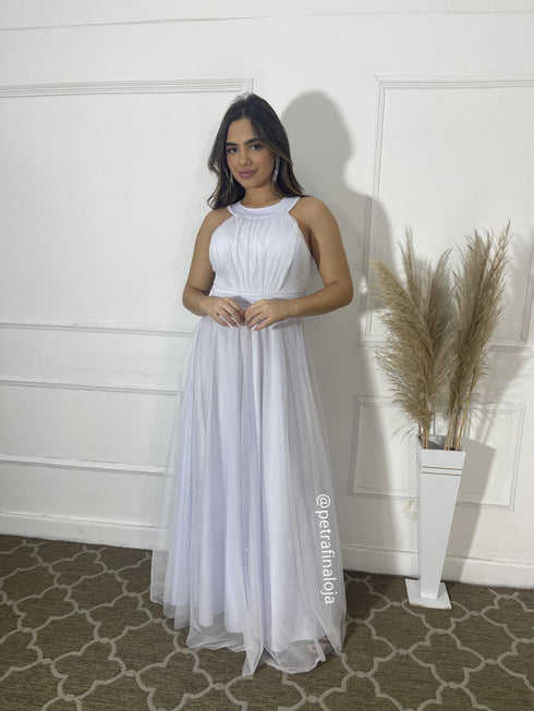 VESTIDO DE GOLA TULE TRABALHADO