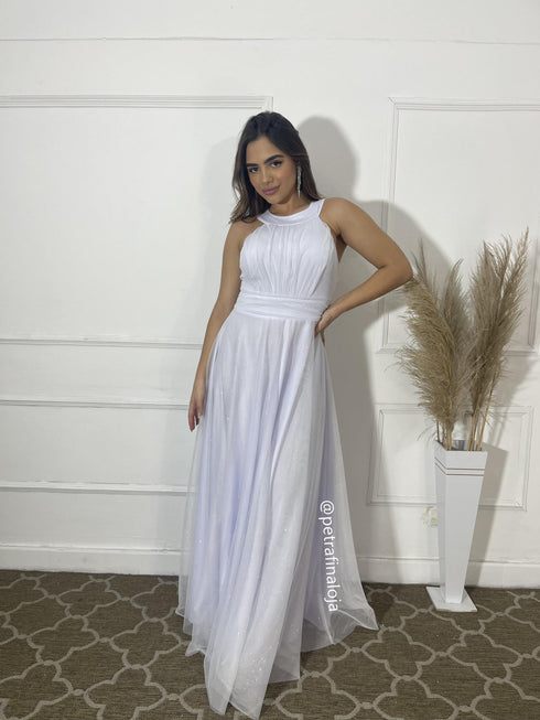VESTIDO DE GOLA TULE TRABALHADO