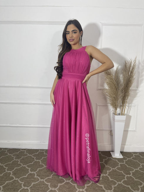 VESTIDO DE GOLA TULE TRABALHADO