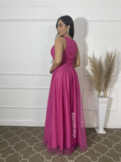VESTIDO DE GOLA TULE TRABALHADO