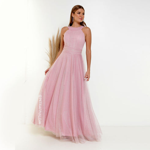 VESTIDO DE GOLA TULE TRABALHADO VESTIDO DE FESTA PETRA FINA ROSE GG