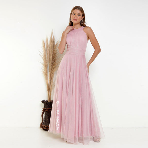 VESTIDO DE GOLA TULE TRABALHADO VESTIDO DE FESTA PETRA FINA ROSE P