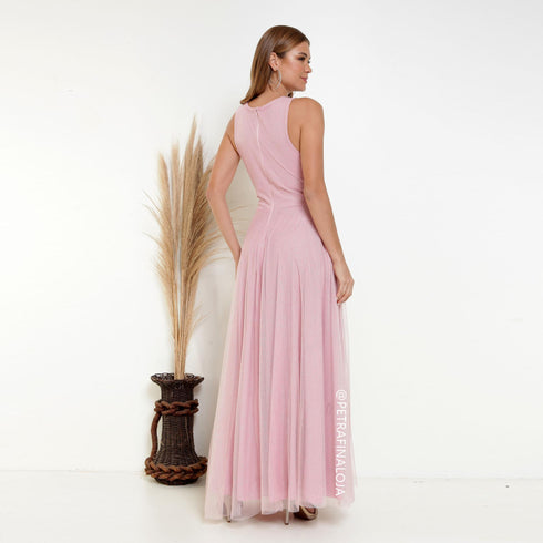 VESTIDO DE GOLA TULE TRABALHADO VESTIDO DE FESTA PETRA FINA